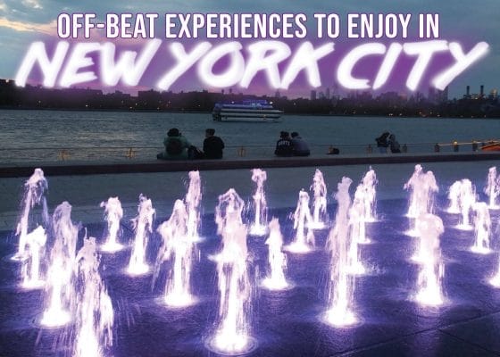 Fountains lit in purple against the backdrop of a river and the New York City skyline at dusk, reminiscent of Central Park’s tranquil corners. Text at the top reads: Off-beat experiences to enjoy in New York City.