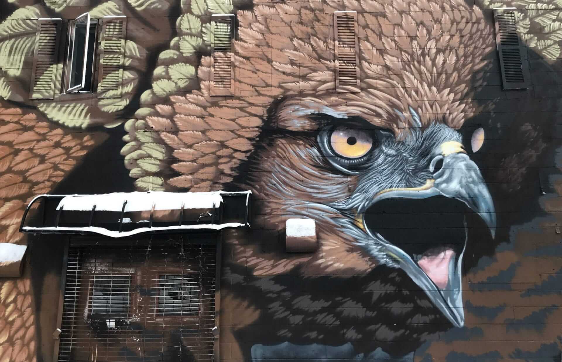 A detailed mural of an eagles head covers a building in Poughkeepsie. The eagles eye and beak are prominent, with realistic textures and colors. Snow lightly dusts parts of the building, including a small awning below the mural.