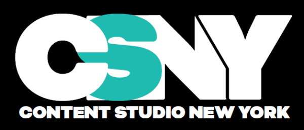 Logo with large letters CSNY where S is turquoise; CONTENT STUDIO NEW YORK is written below in smaller white text. Black background and bold typography.