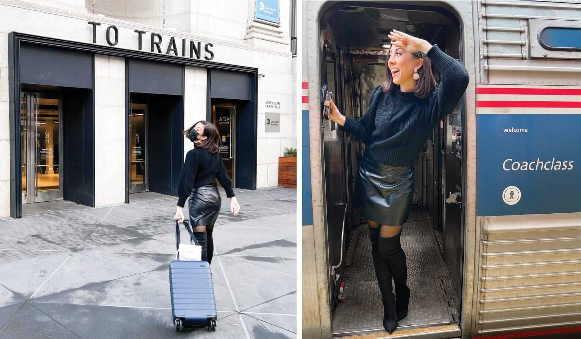 The image captures Miss New York, with a suitcase in hand, entering a train station and boarding the train. Wearing a sleek black outfit, she poses happily by the To Trains sign and steps through the Coachclass door.