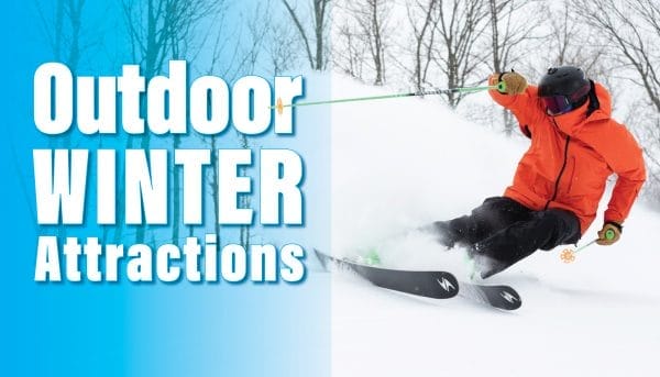 A skier in an orange jacket and black helmet swiftly skis through fresh powder snow. To the left, text reads Outdoor Winter Attractions against a blue and white background. Snow-covered trees stand in the distance, promising thrilling winter events for all adventurers.