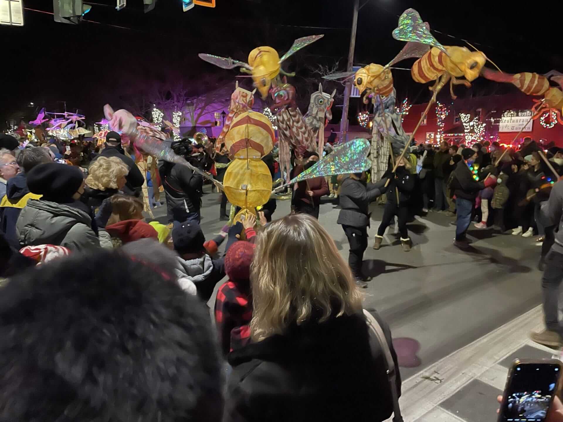 A night parade in Rhinebeck features people carrying large, illuminated insect-shaped lanterns. The street is lined with onlookers, some bundled up in coats, watching the vibrant display. Festive lights twinkle in the background, adding to the charm of this small-town celebration. A night parade in Rhinebeck features people carrying large, illuminated insect-shaped lanterns. The street is lined with onlookers, some bundled up in coats, watching the vibrant display. Festive lights twinkle in the background, adding to the charm of this small-town celebration.