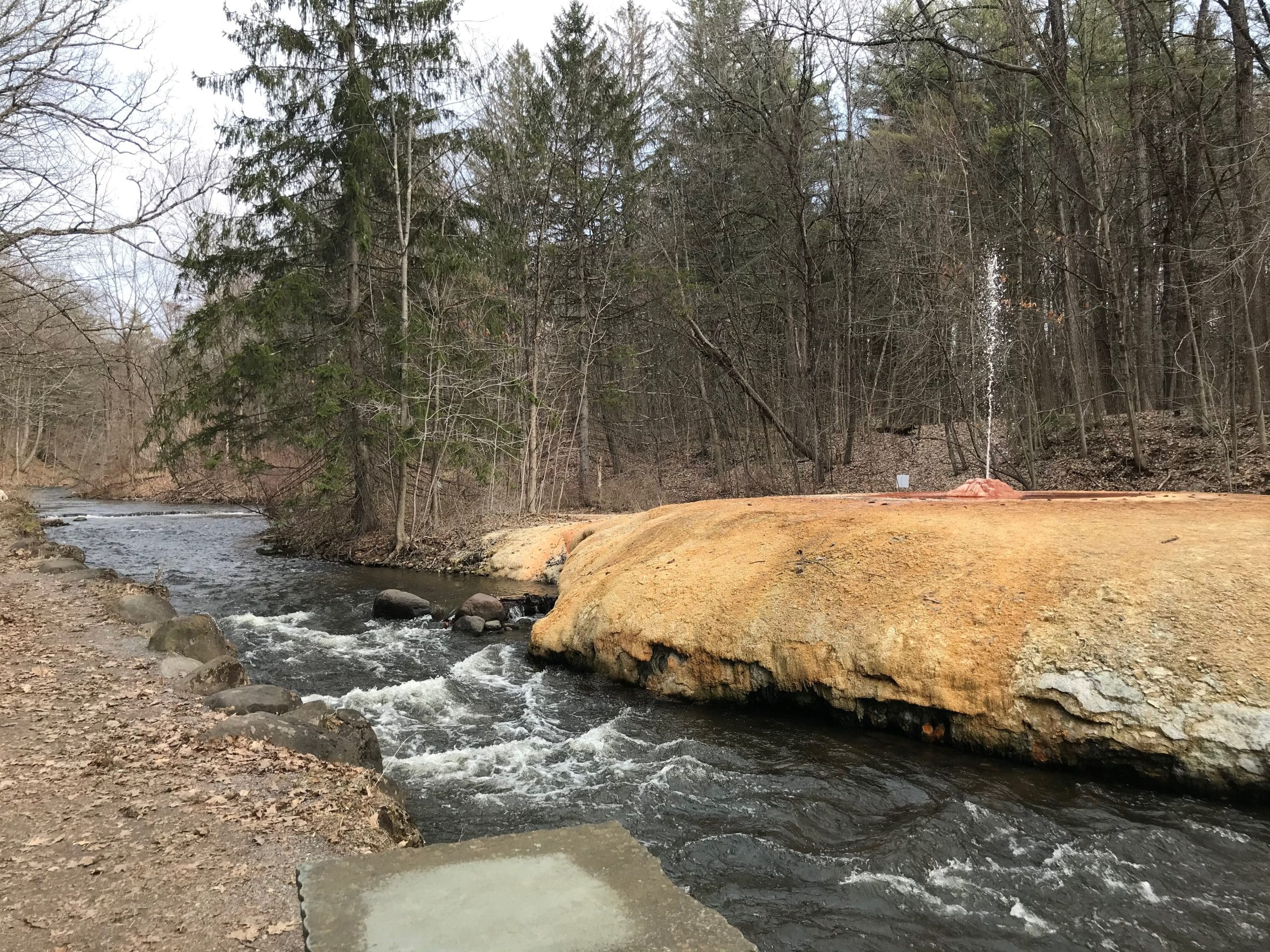 A small river flows through a forested area with tall trees, offering a glimpse of the captivating beauty often seen in New York State Parks. On the right, a yellow-orange rocky bank contrasts with the dark water as a single slim geyser-like fountain spouts under the cloudy sky.