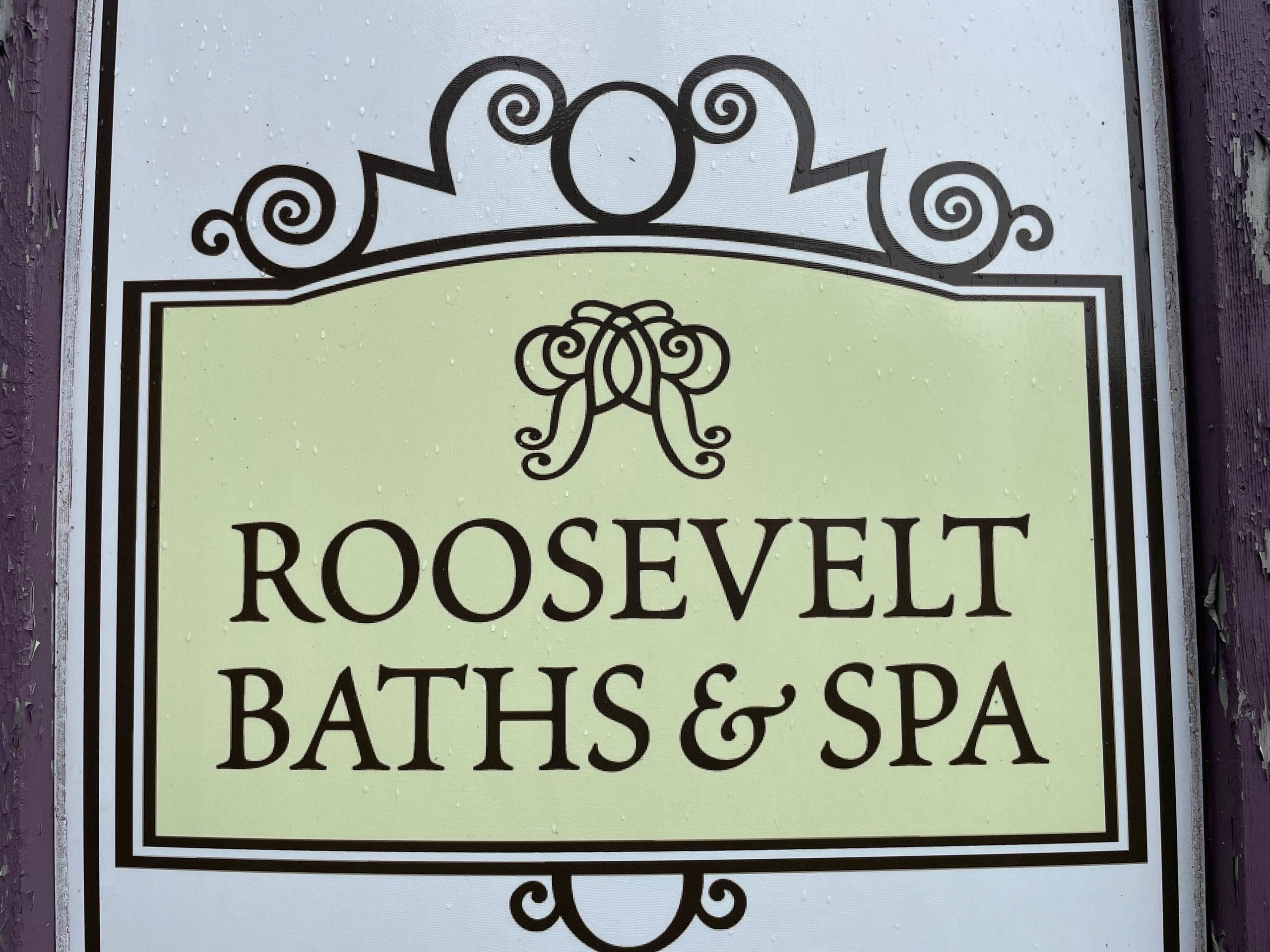 Sign reading Roosevelt Baths & Spa with decorative elements, including a stylized letter R above the text, set amidst the serene beauty and rich history of New York State Parks.