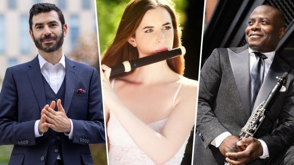Three musicians from the Manchester Music Festival are shown: a bearded man in a suit smiling, a woman in a white dress playing a flute, and a man in a dark suit holding a clarinet and smiling. They are each photographed separately.