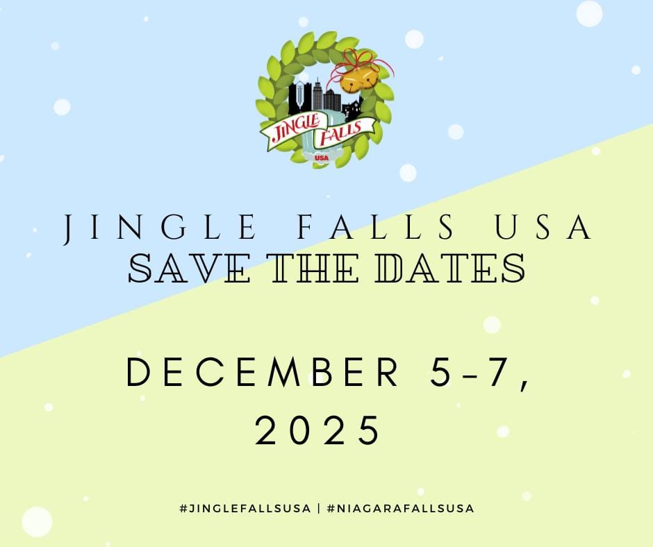 Festive event flyer for Jingle Falls USA features a wreath logo and the text: Save the Dates: December 5-7, 2025. Celebrate at #JingleFallsUSA in Niagara Falls with holiday cheer! Hashtags #JingleFallsUSA and #NiagaraFallsUSA included.
