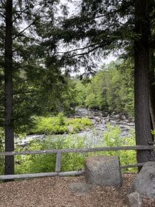 A wooden fence and large rocks frame a view of a river flowing through lush forest in the Lake George Area by Rail, with tall green trees and dense foliage on a cloudy day.