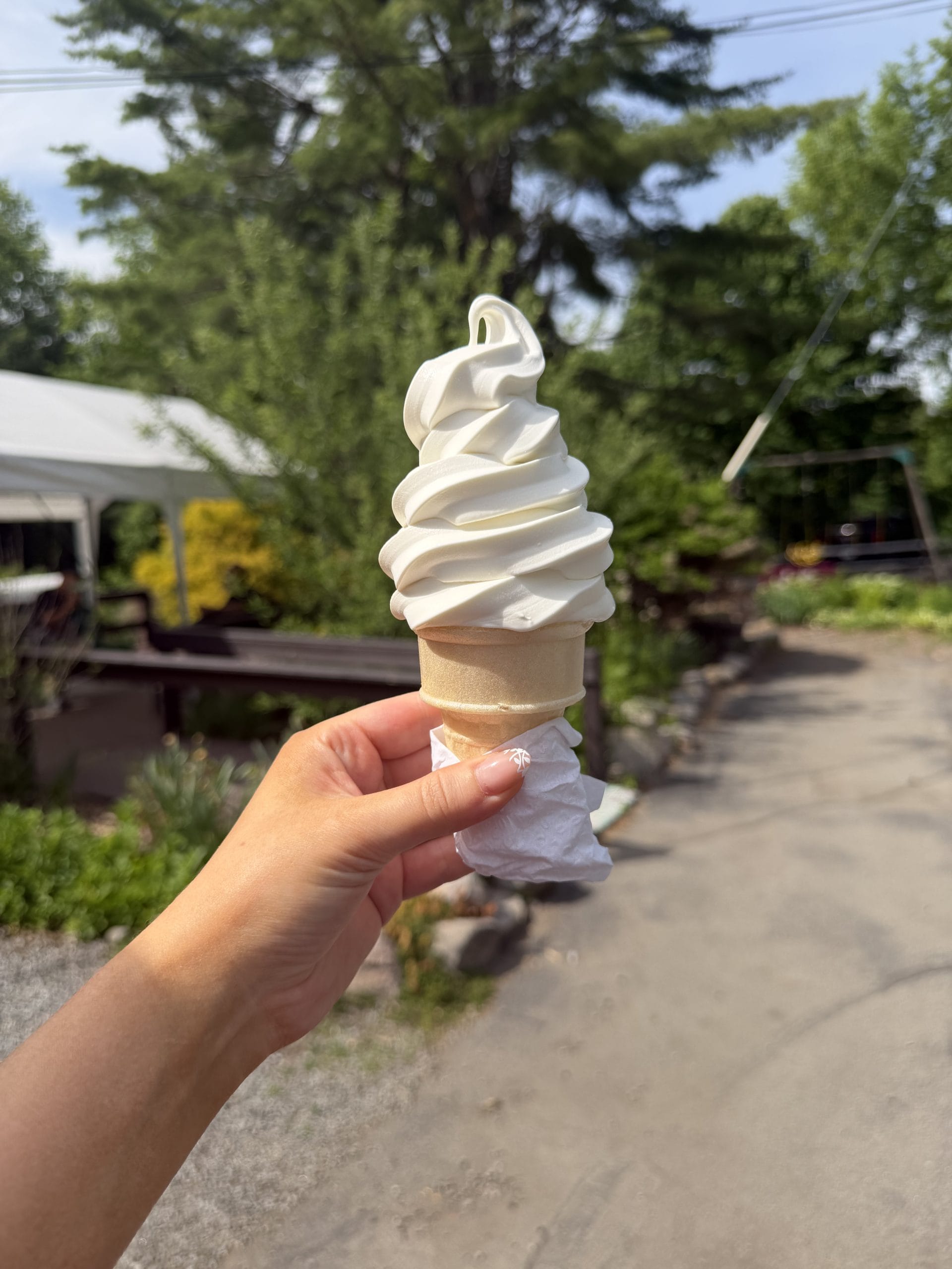 A hand holds a vanilla soft serve ice cream cone wrapped in a napkin, outdoors on a sunny day with green trees and a path in the background—perfect for enjoying summer treats in the Lake George Area by Rail.