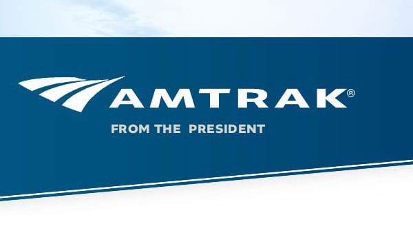Amtrak logo with stylized white lines and text reading AMTRAK and FROM THE PRESIDENT on a blue background, highlighting exclusive Amtrak Discounts for travelers.