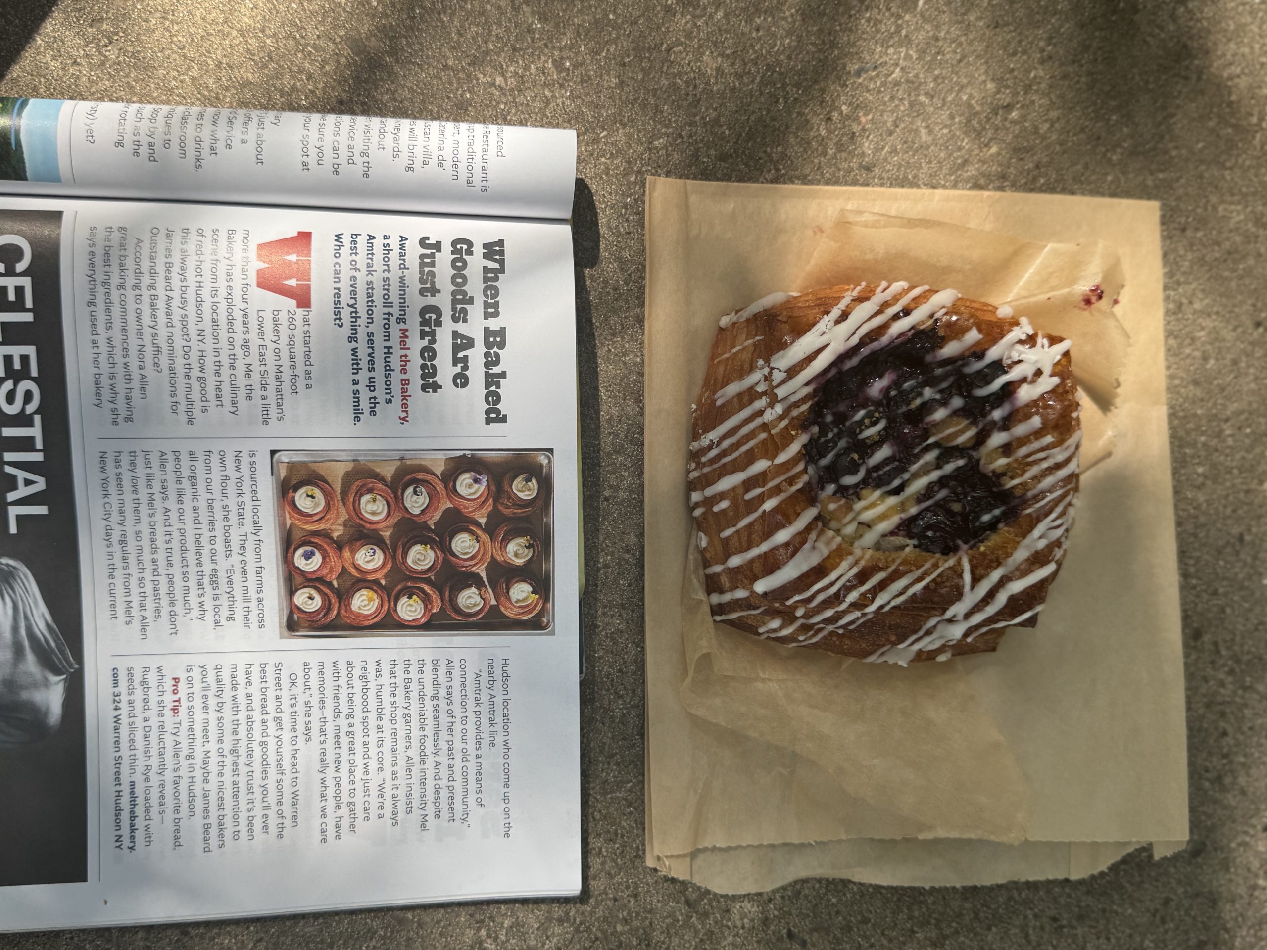 An open magazine lies on the left next to a blueberry pastry with white icing on brown paper, resting on a gray surface in dappled sunlight—a quiet morning scene that brings to mind The One That Got Away.